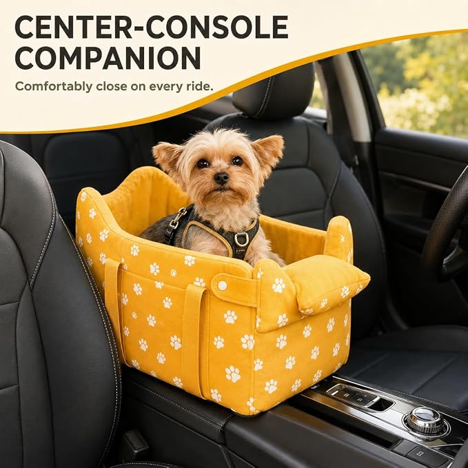 Small Dog Car Seat for Center Console, Yellow | Portable Puppy Armrest Booster for Dogs 5-15 lbs, Anti-Collapse Support with Washable Fluffy Cushion - Image 2