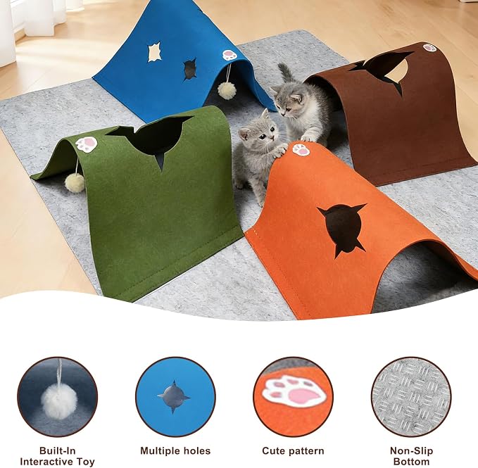 35.4" Cat Tunnels for Indoor Cats, Multi-Entrance Cat Toys, Multicolor | 4 Way Felt Interactive Pet Toy with Hidden Ball, Enrichment Activity Rug, Collapsible Cave for Kittens & Small Pets - Image 5