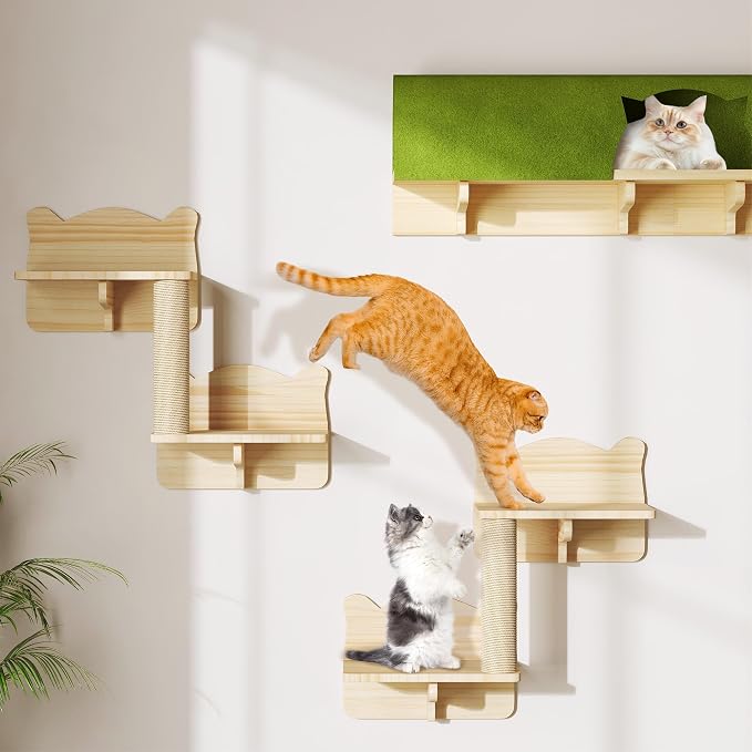 7-in-1 Cat Shelves for Wall, Cat Wall Furniture Set with Tunnel | Multi-Level Floating Cat Shelves for Space Saving, Solid Wood Cat Climbing System with Scratching Posts, Burlywood - Image 6