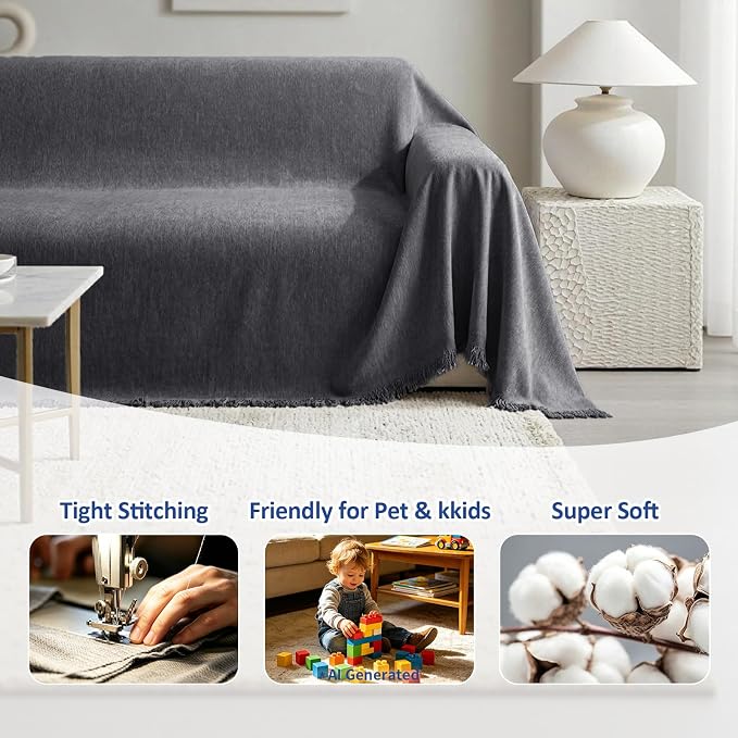 Chenille Couch Cover for Dogs Washable Boho Throw Blanket Washable | 71"×118",Dark Gray, Soft Chenille, Tassel Design, Pet Friendly, Furniture Protector, for Couch, Sofa, Bed, Living Room - Image 6