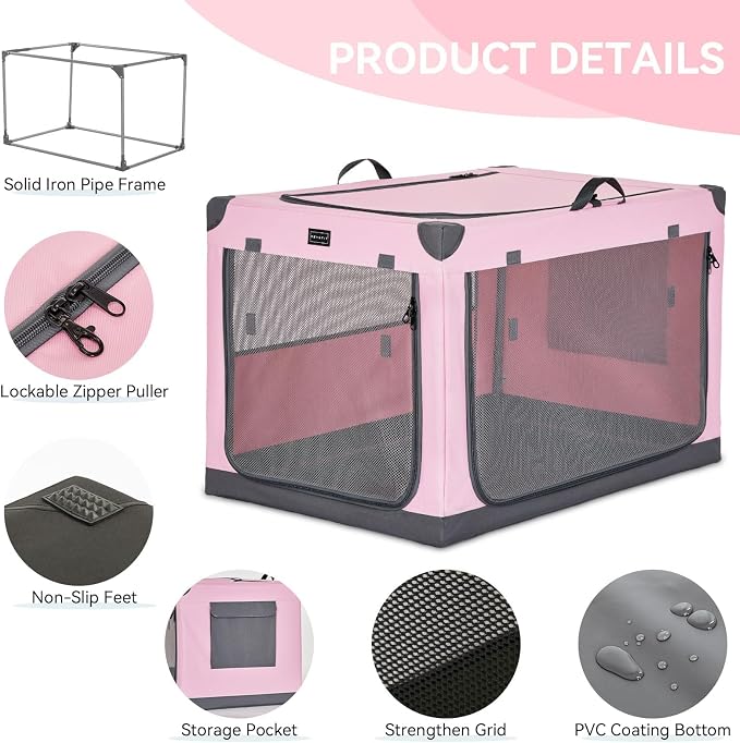 PETSFIT 40" Soft Portable Dog Crate – Patented Spiral Sturdy Frame, Collapsible Travel Kennel for Large Dogs, 3 Mesh Door, Lockable Zippers, Indoor & Car Use Pink - Image 5
