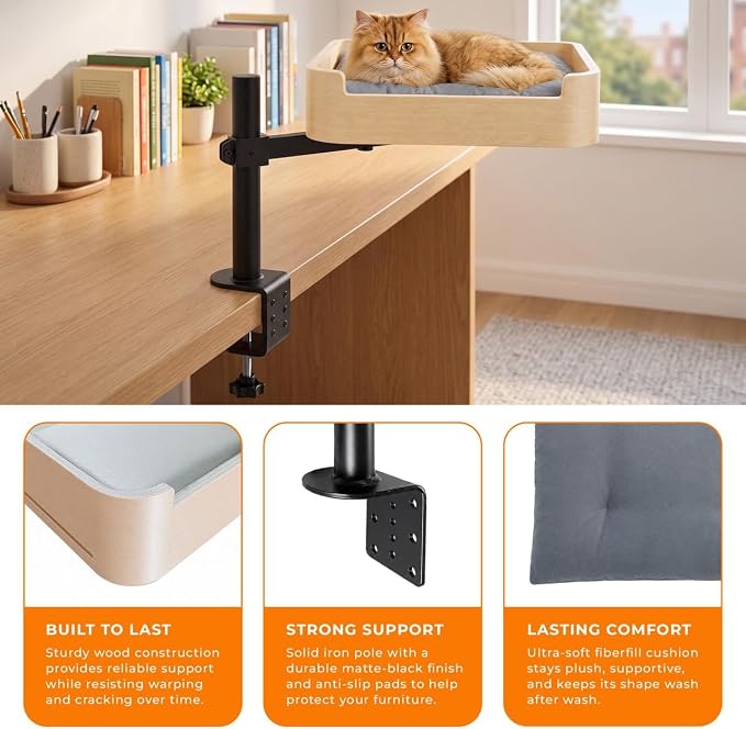 3-in-1 Cat Desk Bed, Cat Window Hammock & Elevated Floor Bed – Wooden Window Perch & Seat, American Oak Finish, 2 Plush Mats, Holds 28 lbs - Image 3
