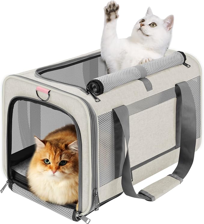 GAPZER Large Cat Carrier Soft, Collapsible Travel Pet Carry Bag, Small Dogs | Big Kitten Cat 20lbs Mainecoon, Top Open Travel Shih-Tzu Pet Kennel, Yorkie Small Dog 10 Pound, 18x12x12, Durable Cloth Beige by GAPZER