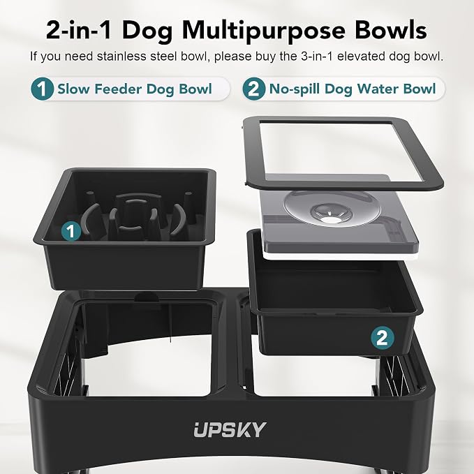 UPSKY 2-in-1 Elevated Dog Bowls Set with 4 Height Adjustable Stand, Balck | No Spill Water Bowl, Slow Food Bowl, No-Splash, Anti-Slip, Dishwasher Safe, Folding Design, Suitable for Small Medium Dogs - Image 3