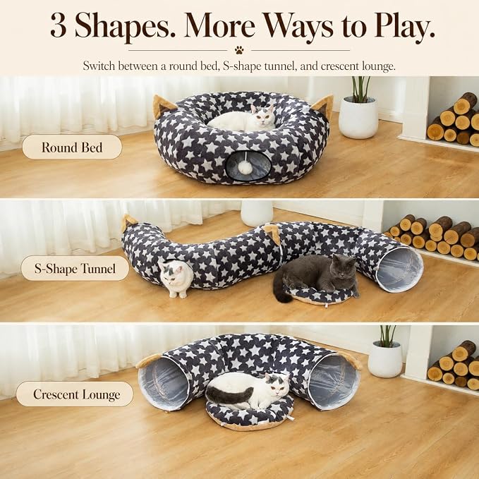 Large Cat Tunnel Bed Under Christmas Tree with Fluffy Toy Balls, Small Cushion and Flexible Design- 10 inch Diameter, 3 ft Length- Great for Cats, and Small Dogs, Gray Star Pattern - Image 3