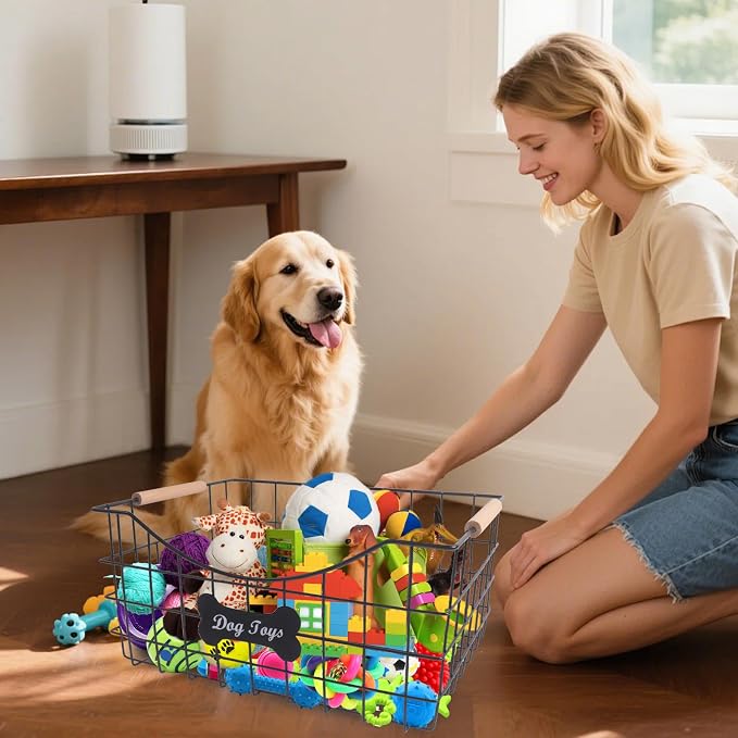 Metal Dog Toy Basket,Indestructible Dog Toy Bin with Wooden Handle,Sturdy Pet Storage Organizer,Ideal for Dog Leash,Blanket,Snacks-15.1 (L) x 10.7 (W) x 7 (H) inches - Image 4
