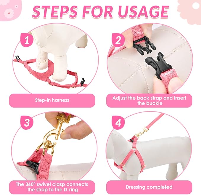 SlowTon No Pull Dog Harness with Leash for Small Medium Dogs, Pink XXS | Solid Pattern, Step-in, Lightweight, Easy Put On and Off, No Choke, Soft Cotton and Suede for Daily Walking - Image 6