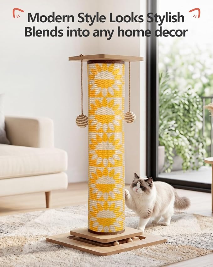 Odoland 31" Tall Large Cat Scratching Post with Replaceable Scratcher Pad | Natural Sisal, Solid Wood Base, Sturdy Durable Replaceable Pad, Interactive Track, Top Perch, Indoor Adult Cats Kitten - Image 2