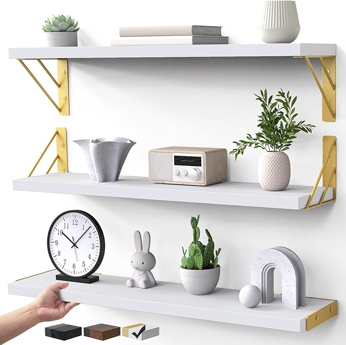 BAYKA Wall Shelves for Bedroom Decor, Floating Shelves for Living Room Kitchen Storage, Wall Mounted Rustic Wood Shelves for Kids Books,Corner Shelves for Bathroom(White and Gold，23in，Set of 3) by Bayka