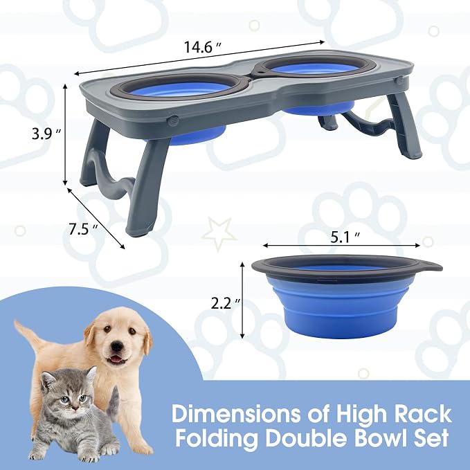 PINVNBY Elevated Portable Dog Bowl, Travel Raised Stand with Collapsible Silicone Double Diner Bowls Non-Slip Food and Water Bowls Holder for Small Dogs and Cats - 14.6" L x 7.5" W x 3.9" H - Image 5