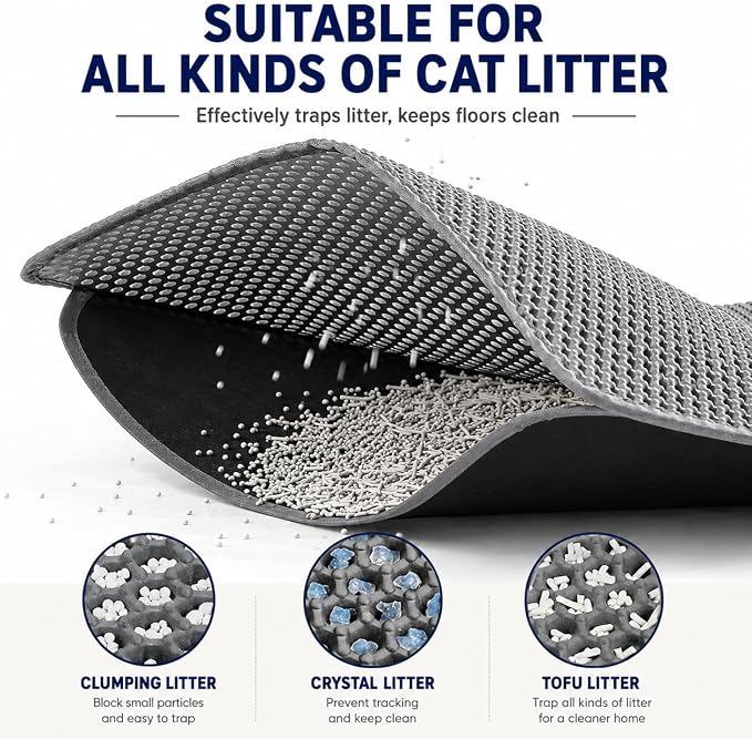 Cat Litter Mat 24 x 18 Inch, Double-Layer Honeycomb Litter Trapping Mat with Waterproof Leatherette Bottom, Urine-Resistant, Non-Slip, Easy to Clean, Gray - Image 2