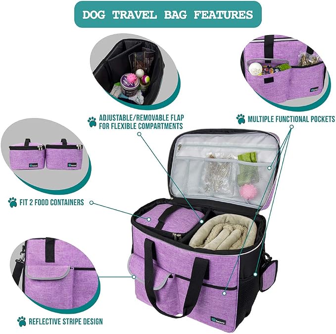 PetAmi Dog Travel Bag Organizer, Pet Supplies Tote Diaper Bag, Purple Large | Pet Travel Kit with 2 Food Containers & 2 Collapsible Dog Bowls, Luggage Sleeve, Weekend Getaway Road Trip Camping Essentials - Image 4