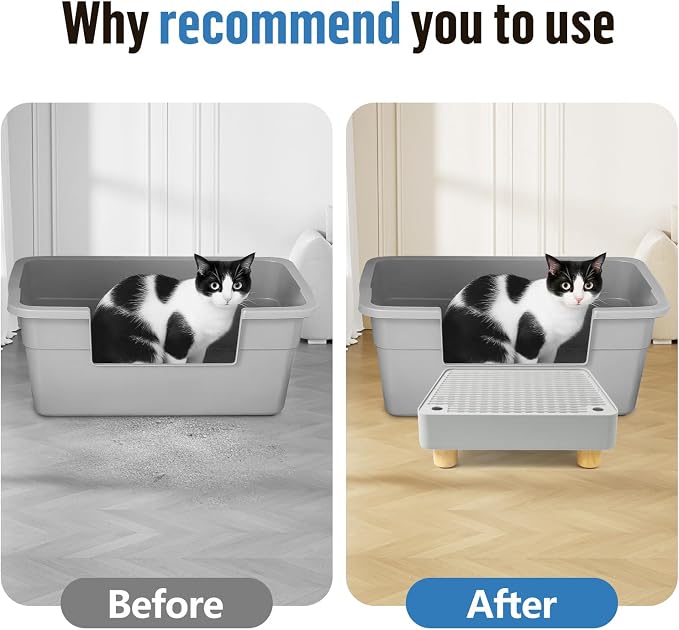 Extra Large Cat Litter Box Step Ramp, Cat's Litter Catcher Mat with Wooden Feet, Filter Function, Pedal Stool for Self-Cleaning Cat Litter Box, Ideal for Kitten & Elderly Cats (Light Grey) - Image 6
