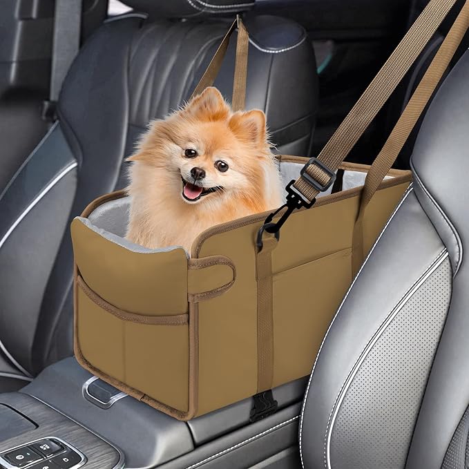 Portable Dog Car Seat for Small Dogs, Puppy Car Seat, Khaki | Booster Seat With Safety Leash & Adjustable Straps Keeps Small Dogs Secure. Removable Washable Cushion. Fits Most Cars. by NECKORY