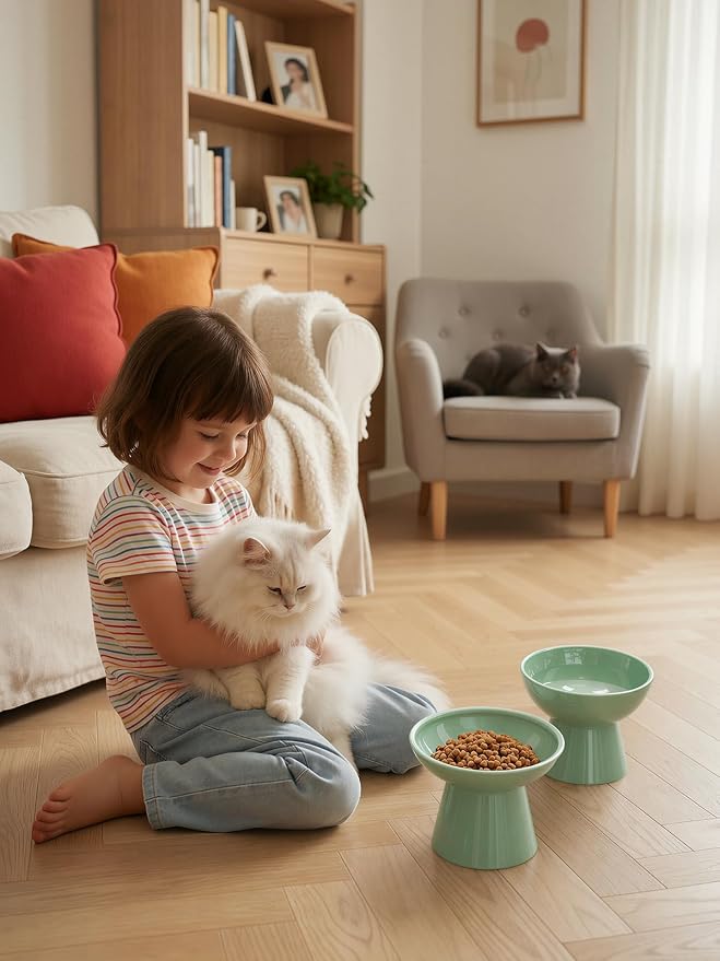 LoeJan Elevated Cat Food and Water Bowls Set, Extra Wide and Raised Ceramic Bowls, Anti-Vomit Whisker-Free Pressure Cat Feeder for Kittens to Adult Cats and Small Dogs - Image 8