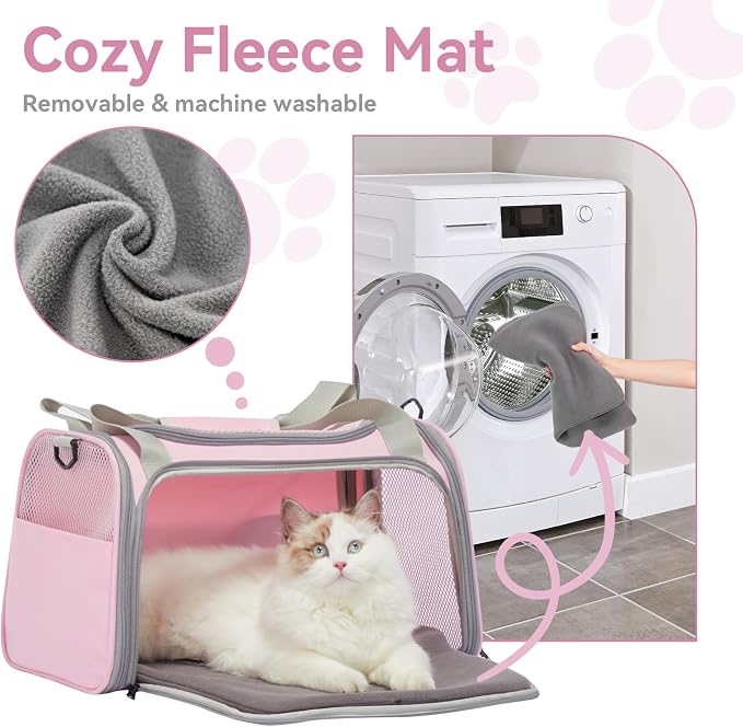 Petsfit Cat Carrier Airline Approved, 17.5×10.5×10.5 in, Pink | Escape-Proof Design with Locking Zippers & Safety Leash, Easy-Access 3-Way Entry, Washable Mat up to 12 lb - Image 6