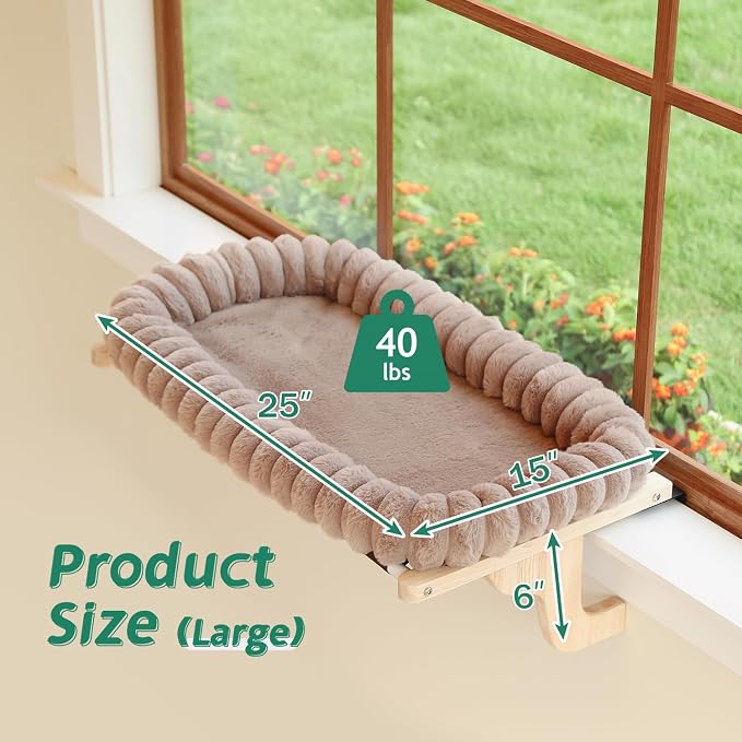 Zakkart SnugCloud Cat Window Perch with 4-Sided Bolster - Orthopedic Cat Hammock for Window Sill - Solid Hardwood & Metal Frame - Window Seat for Pets (Natural Color Wood w/Brown Bed, Large) - Image 7