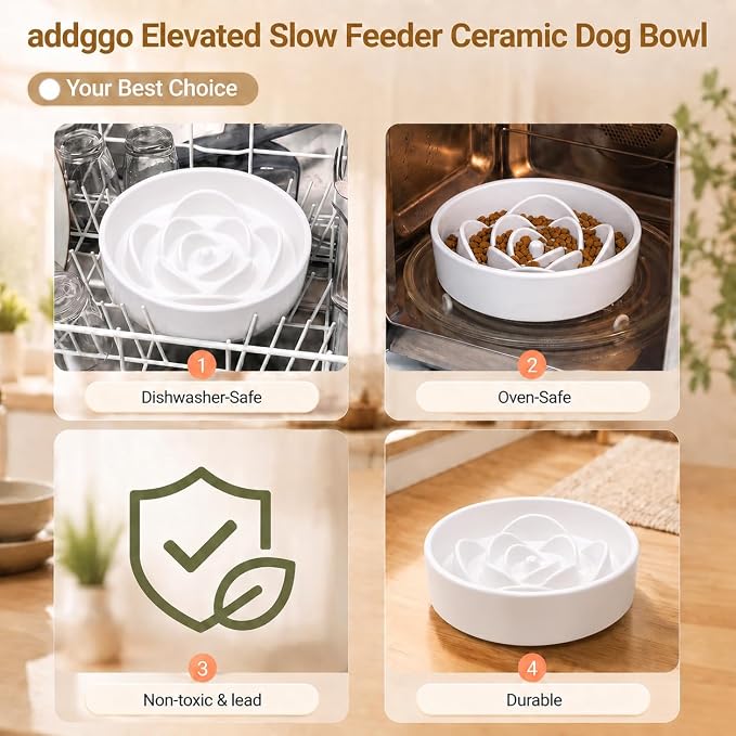 Elevated Ceramic Slow Feeder Dog Bowls Anti-Choking Slow Feeding for Medium& Large Anti-Slip Non-Lead & Toxic Durable Easy to Clean Maze Slow Feeder Bowl（8.66in White Flower Pattern） - Image 5