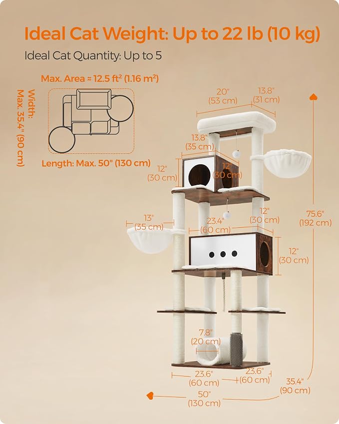 Feandrea Cat Tree, 75.6-Inch Modern Cat Tower, Tall Multi-Level Condo with 2 Caves, 2 Hammocks, 4 Scratching Posts, Self-Groomer, Tunnel, Perch, Rustic Brown UPCT193X01 | Tall Cat Tower, 4 Scratching Posts, Self-Groomer, Tunnel, Perch, Rustic Brown, CA... - Image 5