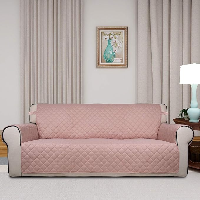 PureFit Reversible Quilted Sofa Cover Dog Couch Covers for Sofa, 66 in | Pink/Beige, Water Resistant Couch Protector, Washable Pet Couch Cover with Non Slip and Elastic Straps For Kids - Image 2