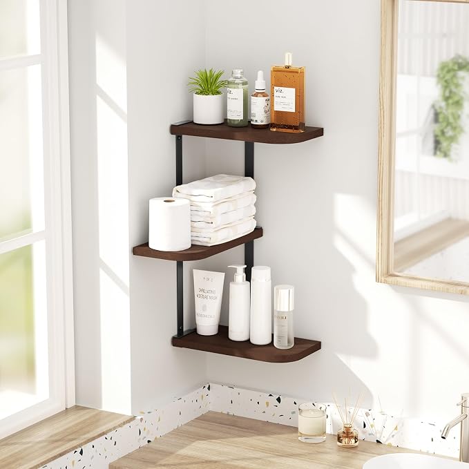 Love-KANKEI Corner Wall Shelf 3 Tier,Solid Wood with Bracket,17"Tall,Walnut | Floating Wall Shelves,Easy to Install,Capacity 26 Lbs,For Bedroom Living Room Bathroom Kitchen Office Display,Wall Decor - Image 2