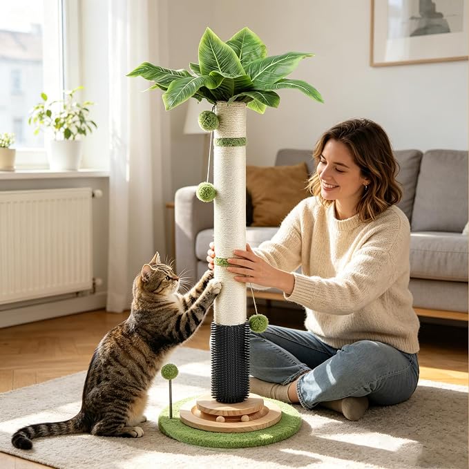 39.4'' Tall Cat Scratching Post,3.5 Inch Wide Sisal Cat Scratcher Tree with Leaves,Interactive Cat Toys for Indoor | Solid Wood Base Stable Scratch Tower Interactive Toy Self Groomer Climbing Pole Full Body Stretching Artificial Plant - Image 8