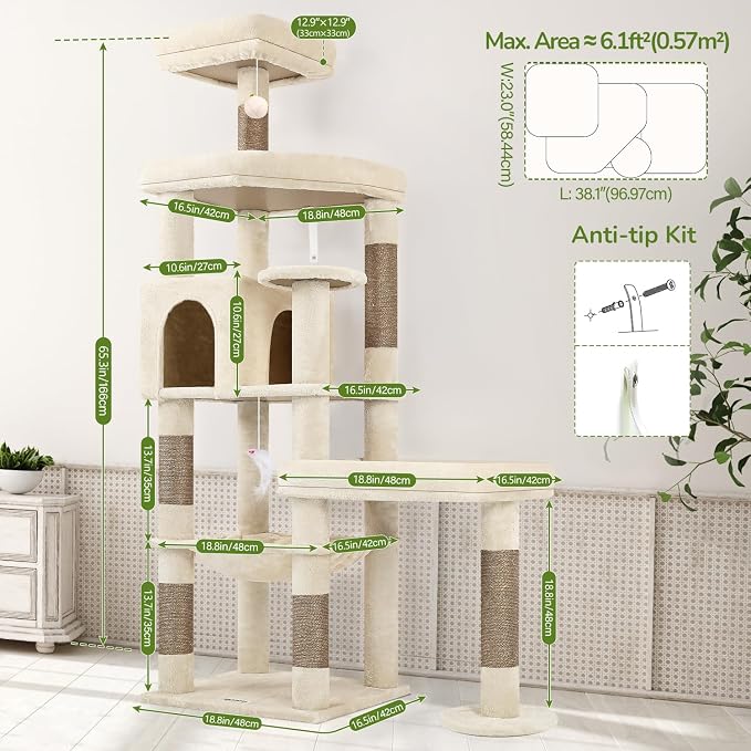 Globlazer Extra Large Platform Cat Tree, 65in Tall Sturdy Cat Tree for Indoor Cats Large Adult, Big Cat Tower for Big Cats with 3 Enlarged Perches, 6 Scratching Posts, Cat Condo, Hammock, S65, Beige - Image 7