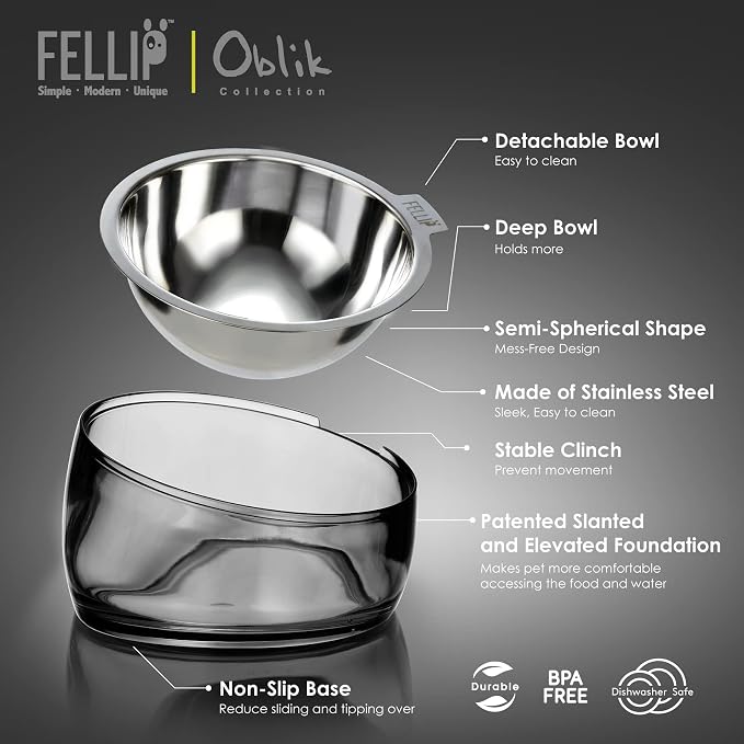 Felli Pet Oblik Acrylic Raised Dog Food Water Bowl Stainless Steel Slanted Oval Dish for Short Leg Puppy & Small Medium Pet, Elevated Tilted Metal Feeder (Smoky, 1.5 Cups Oval Dish) - Image 6
