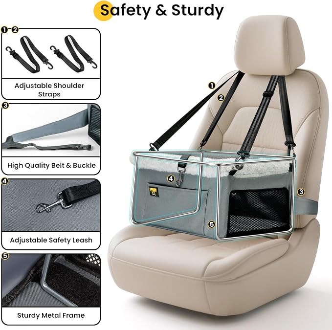 Conlun Elevated Pet Car Seat with Cooling Mat, Travel Booster for Small Dog | Heavy-duty Oxford | Rigid Skeleton Stops Wobbling | Leash Prevents Escapes | Dog Car Seat for Calm Car Trips - Image 4