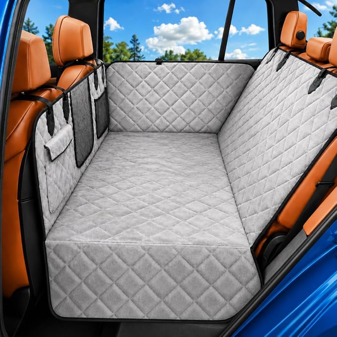 IJVAE Truck Dog Seat Cover for Back Seat, Gray Flannel Hard Bottom Back Seat Extender Holds Up to 500 lbs, Waterproof Backing, Nonslip Dog Hammock for Full-Size Pickup Trucks by IJVAE