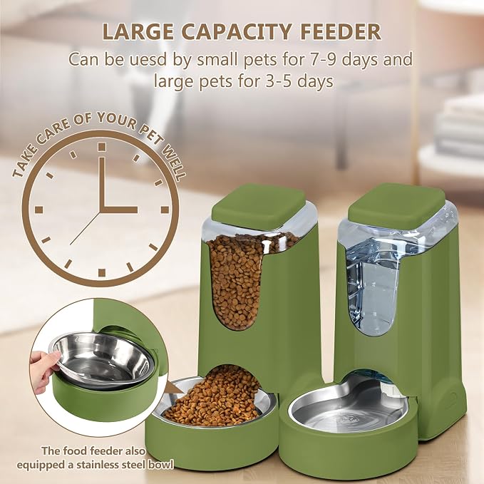 HWONMTE Portable Automatic Cat Feeder and Water Dispenser with Stainless Steel Bowl Dog Gravity Food Feeder and Waterer for Small Medium Pets Puppy Kitten 1 Gallon x 2 (Olive Green) - Image 4