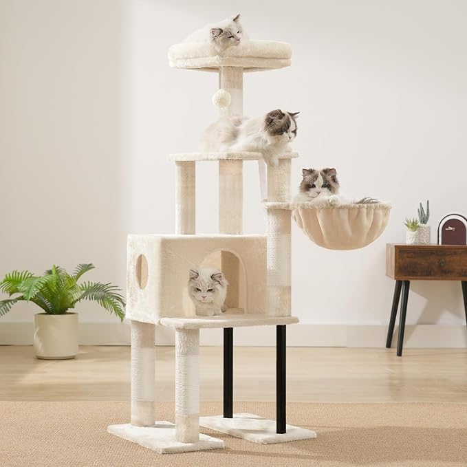 Heybly Cat Tree with Toy, 49.2 inch Cat Tower for Indoor Cats HCT200SM | Spacious Cat House Condo with Hidden Space，Soft Plush Top Perch，Cozy Hammock and Sisal Scratching Posts, Beige - Image 8