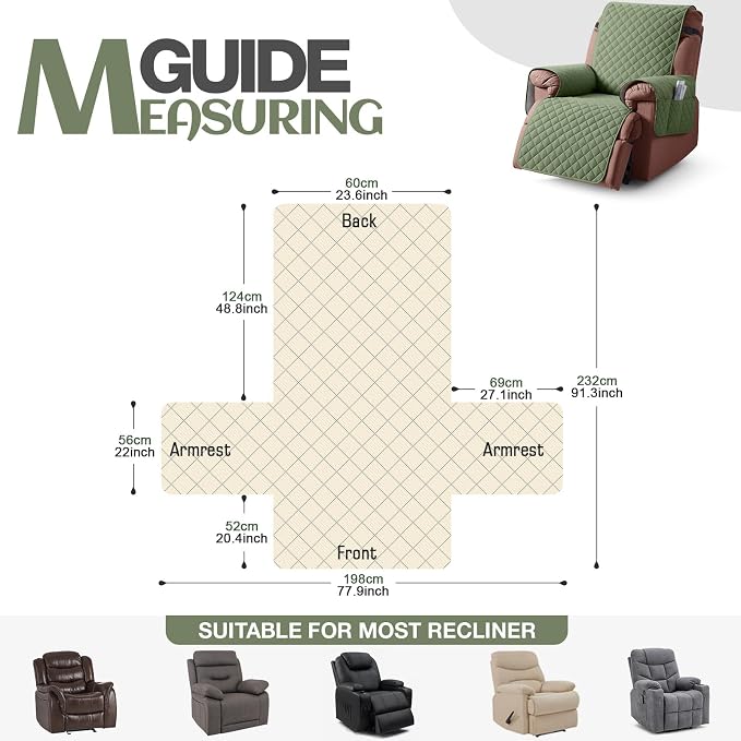 KinCam 100% Waterproof Recliner Chair Covers Washable, 23.6", Cactus Green | Anti Slip Reclining Couch Covers for Pets Dog, Recliner Sofa Slipcover Storage Pocket, Furniture Protector with Elastic Strap - Image 4
