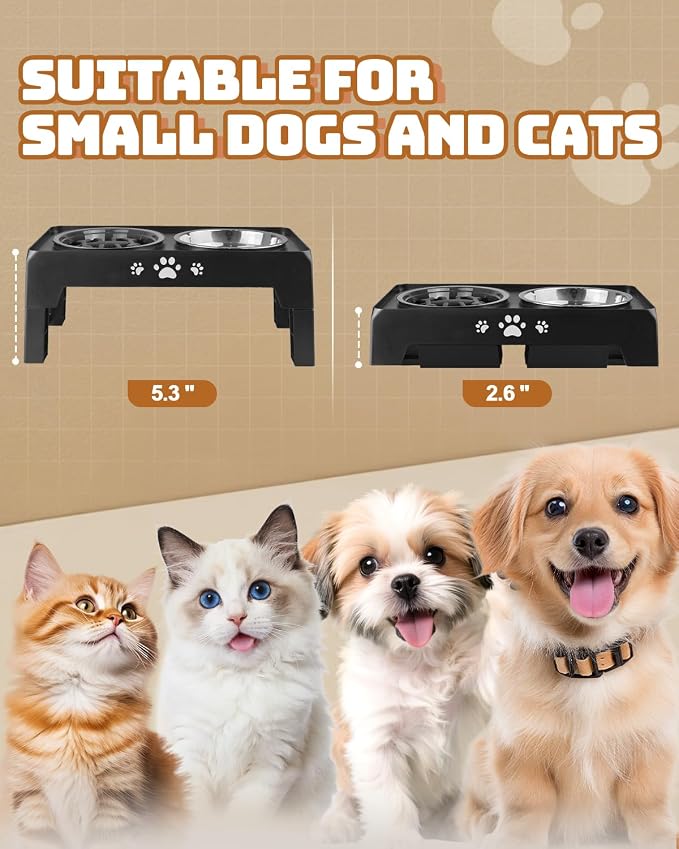 Jovrun Elevated Dog Bowls for Small Dogs and Cats, Non-Slip Cat Bowls with 1*Stainless Steel Dishes & 1*Slow Feeder Bowl, Dog Feeder 2 Heights Adjustable to 2.6"-5.3" - Image 2