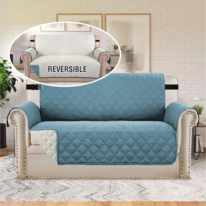 Sofa Protector for Dogs/Cats/Pets Sofa Covers Slipcover Quilted Couch Coveres Loveseat Covers with Non Slip Elastic Strap Water Resistant Seat Width: 54" (Oversized Loveseat, Smoke Blue/Beige) - Image 3