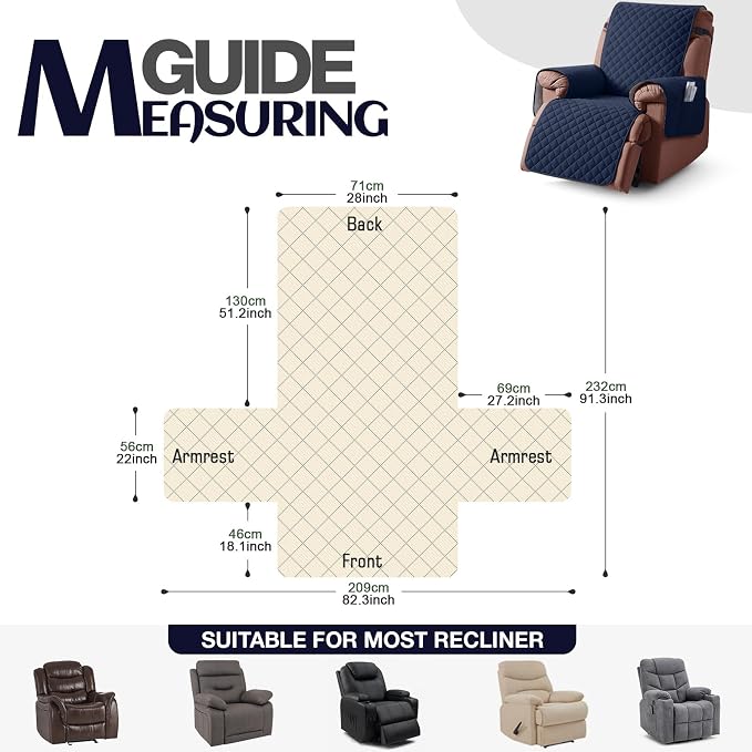 KinCam 100% Waterproof Recliner Chair Covers Washable, 28", Dark Blue | Anti Slip Reclining Couch Covers for Pets Dog, Recliner Sofa Slipcover Storage Pocket, Furniture Protector with Elastic Strap - Image 4