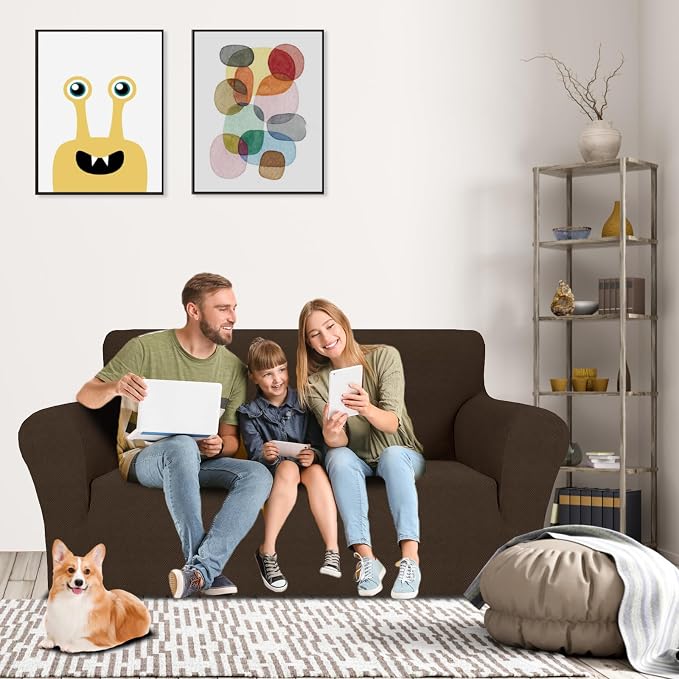 MAXIJIN Loveseat Cover Sofa Covers (55"-69"), 1-Piece Stretch Couch Covers for 2 Cushion Couch Love Seat Slipcover with Elastic Bottom for Kids,Dog (Loveseat, Diamond Pattern Coffee) - Image 2