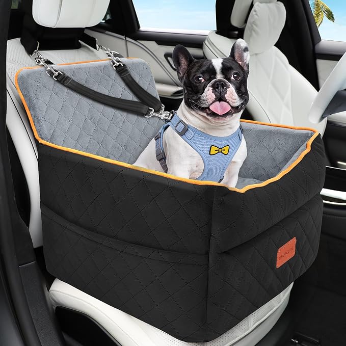 HEGGCOOE Small Dog Car Seat, Memory Foam Dog Booster Seats with Thick Cushion for Medium Dogs Under 35lbs, Detachable Washable Pet Car Seat Bed with Storage Pockets,2 Safety Belts by HEGGGCOOE