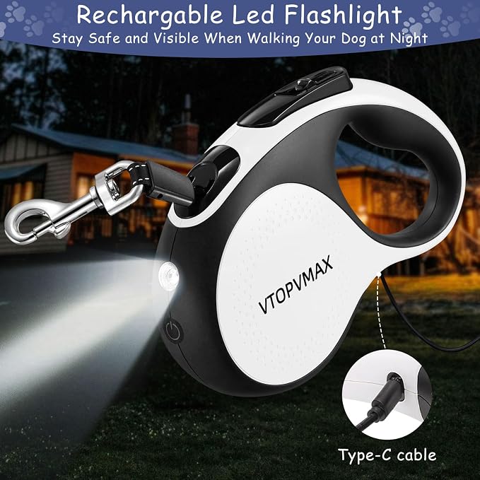 16Ft Retractable Dog Leash - for Small to Medium Dogs Up to 66lbs, Heavy Duty Retractable Leash with Light Rechargeable, Quick Lock Braking & Non-Slip Handle (White) - Image 5