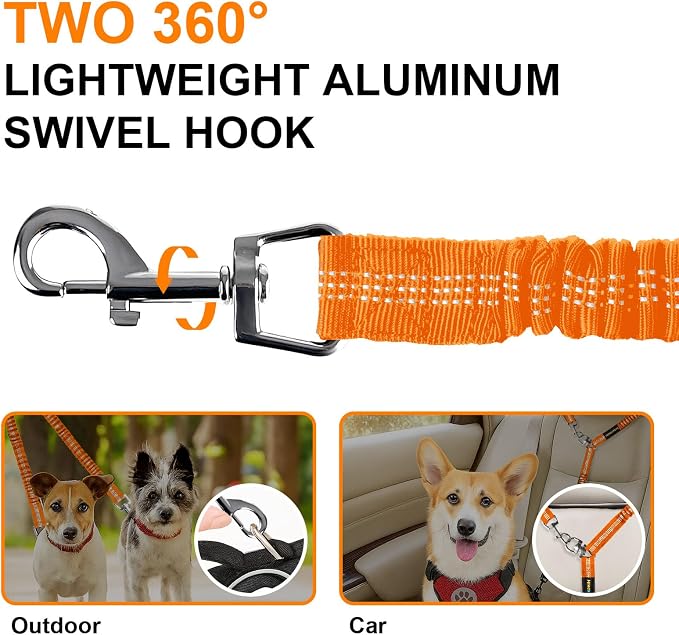 MingXpet 2 Dog Leash, Dog Leash for 2 Dogs, 360° Swivel No Tangle Double Walking Training Leashes for Large Dogs that Pull, Comfortable Shock Absorbing Reflective Bungee, Orange - Image 3