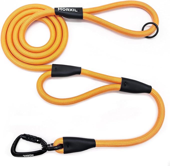 Rope Dog Leash with Two Handles, 6 Foot Heavy Duty Dog Leash with Aviation Aluminum Auto Locking Carabiner, Strong Nylon Pet Lead for Small, Medium, Large Dogs (Yellow, 6FT-Two Handle) by MORXIL