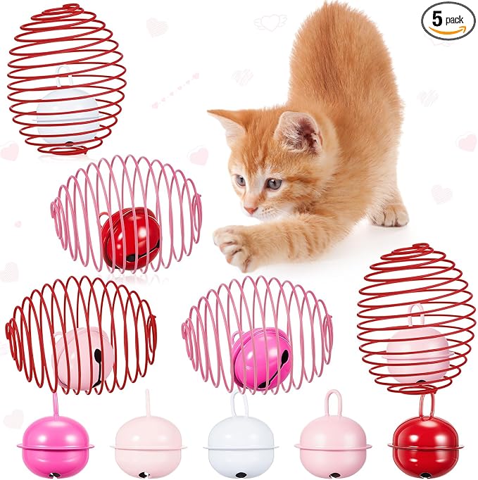 Jecery 5 Pcs Cat Toys Spring,Bell,Pink Red | Interactive Metal Cat Toy, Stretchable Rolling Ball, for Indoor Cats, Colorful Playful Coils, Kitten Pet Supplies by Jecery