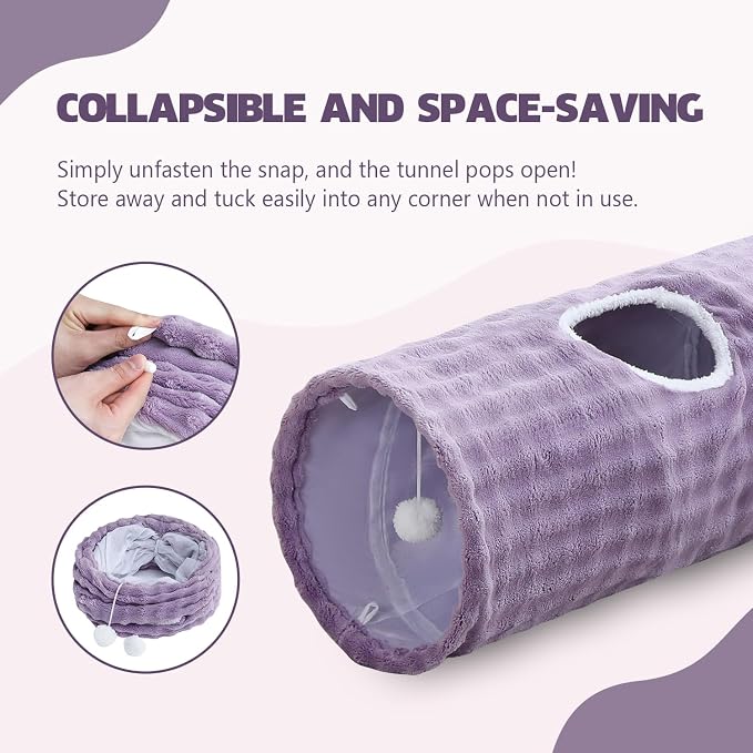 Straight Bubble Cat Tunnel for Indoor Cats 47"x12", Dusty Purple | Cute Cat Toys, Collapsible Tunnel Tube with Hanging Balls for Puppy Kitten Rabbit - Image 6