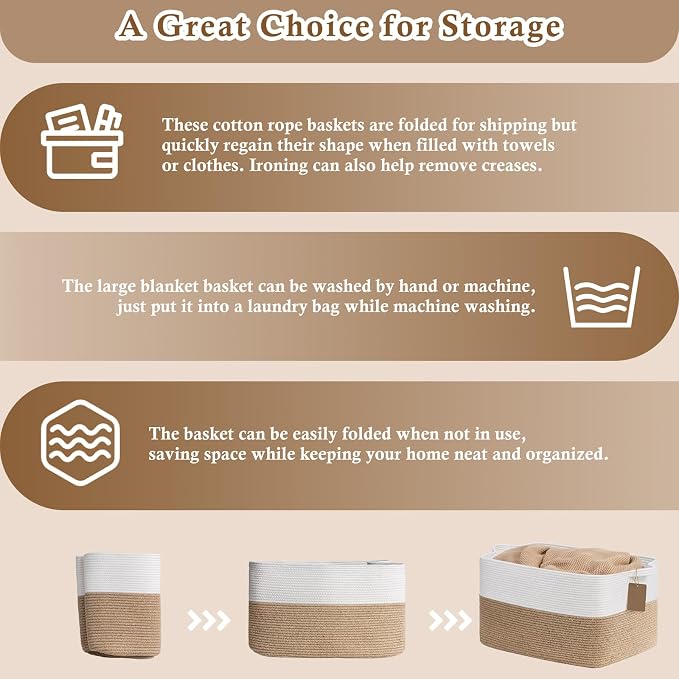 Goodpick 75L Extra Large Woven Rope Blanket Basket, Rectangle, Jute | 22" × 17" × 12" Decorative Storage Basket for Pillows, Toys & Daily Essentials, Fits Living Room, Bedroom & Home Decor - Image 7