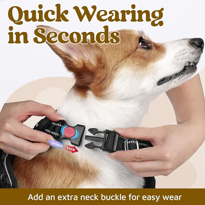rabbitgoo Dog Harness Medium Sized, No Pull 3 Buckles Easy On & Off | Soft Padded, Walking with Control Handle, Adjustable and Reflective, Black, Medium - Image 2