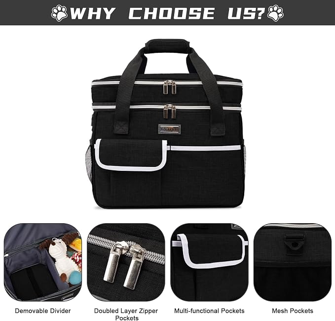 BAGLHER Dog Travel Bag for Supplies - Double-Layer Airline Approved Weekend Pet Travel Organizer Set for Dog and Cat Tote with 2 Pet Food Containers and 2 Collapsible Silicone Bowls Black - Image 4