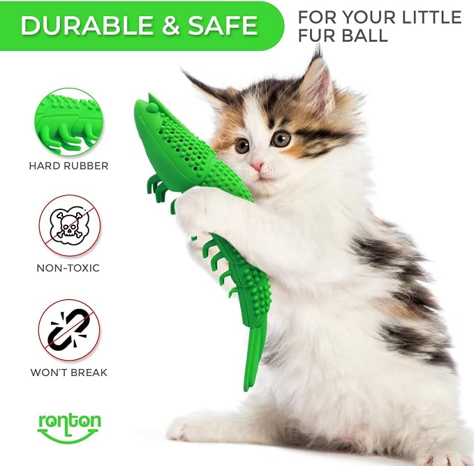 Ronton Cat Toothbrush Catnip Toy - Durable Hard Rubber - Dental Care, Cat Interactive Toothbrush Chew Toy (1 Pack Green (Shrimp) - Image 3