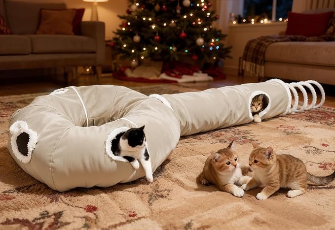 Ownpets 2-in-1 Cat Tunnel Large Lollipop Collapsible Cave Plush,12"D, Beige | Foldable Tunnel Bed, Fluffy Ball, Multi-Exit Maze, For Cats Kittens Puppies Rabbits, Soft Plush, Easy Store, Cozy Hiding Spot - Image 2