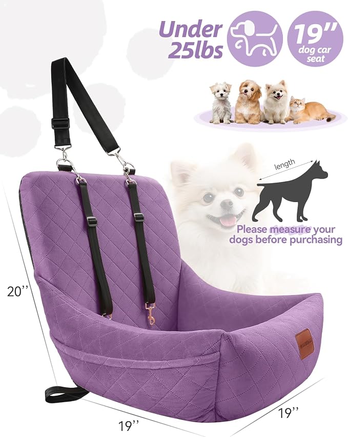 WOOAIDAGG Dog Car Seat for Small Dogs Up to 25lbs,Soft Washable Fabric Fill in Memory Foam,Easy to Assemble with 2 Clip-On Safety Leashes and Storage Pockets,Front or Back Seat are Both OK(Purple) - Image 2