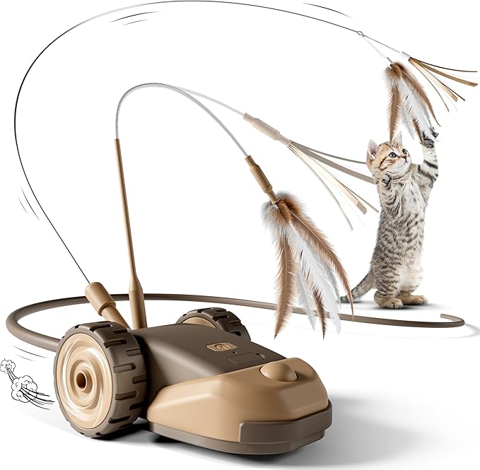 CYROS 3-in-1 Interactive Cat Toy - 2-Speed Automatic Moving Mouse Cat Toys Self Play with 2pcs Hanging Feather String Ribbon and Wiggly Silicone Mice Tail for Bored Indoor Adult Cats Kittens by CYROS